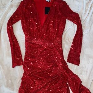 Fashion Nova Red Sequin Long Sleeve Dress